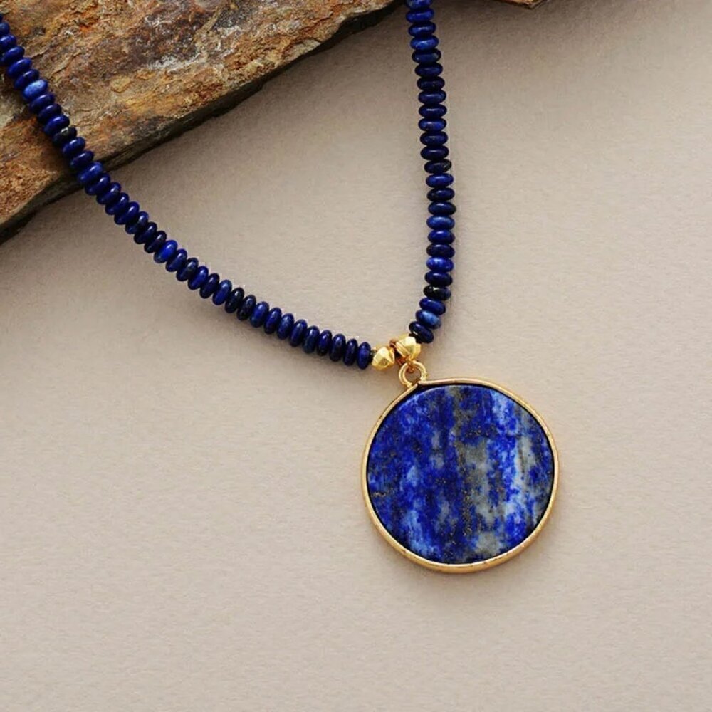 NWT Beaded Necklace Round Pendant18K Gold Plated Natural Lapis Lazuli